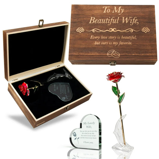 Anniversary Gifts for Her | Birthday for Wife | Women – Engraved Wooden Gift Set 'To My Beautiful Wife' Includes Crystal Engraved Heart | 24K Gold Dipped Rose | Birthday | Valentines Day