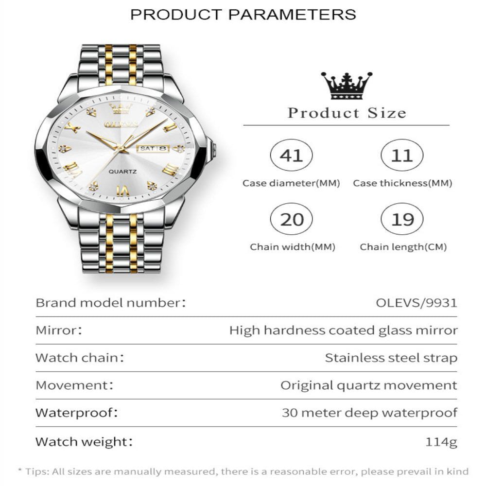 Diamond Watch for Men Luxury Business Quartz Stainless Steel Date Watch Luminous Waterproof Reloj Para Hombre, Gifts for Men, Adult Male Wristwatch